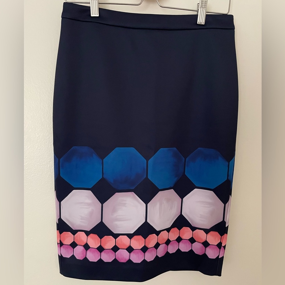 Ted Baker Navy Blue Geometric Print Pencil Skirt Size 6